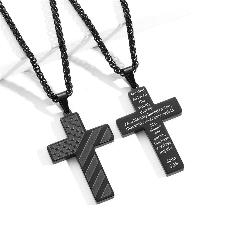Tri-Color Cross Necklace with American Flag & Scripture: A Patriotic Expression