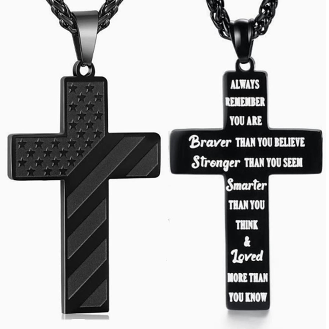 Tri-Color Cross Necklace with American Flag & Scripture: A Patriotic Expression