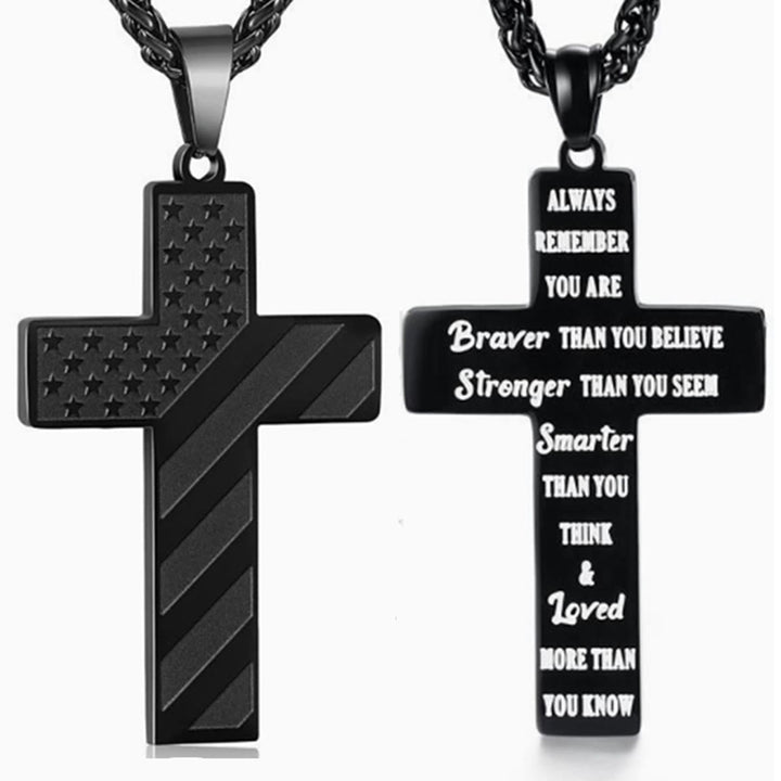 Tri-Color Cross Necklace with American Flag & Scripture: A Patriotic Expression