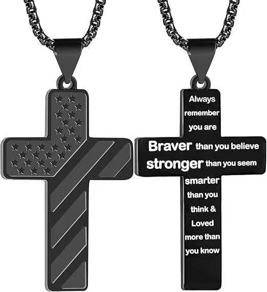 Tri-Color Cross Necklace with American Flag & Scripture: A Patriotic Expression