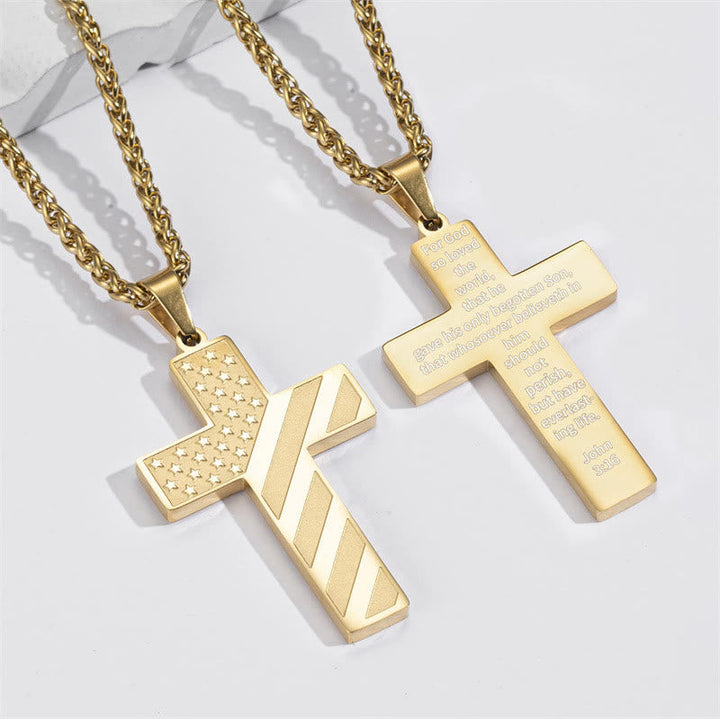 Tri-Color Cross Necklace with American Flag & Scripture: A Patriotic Expression