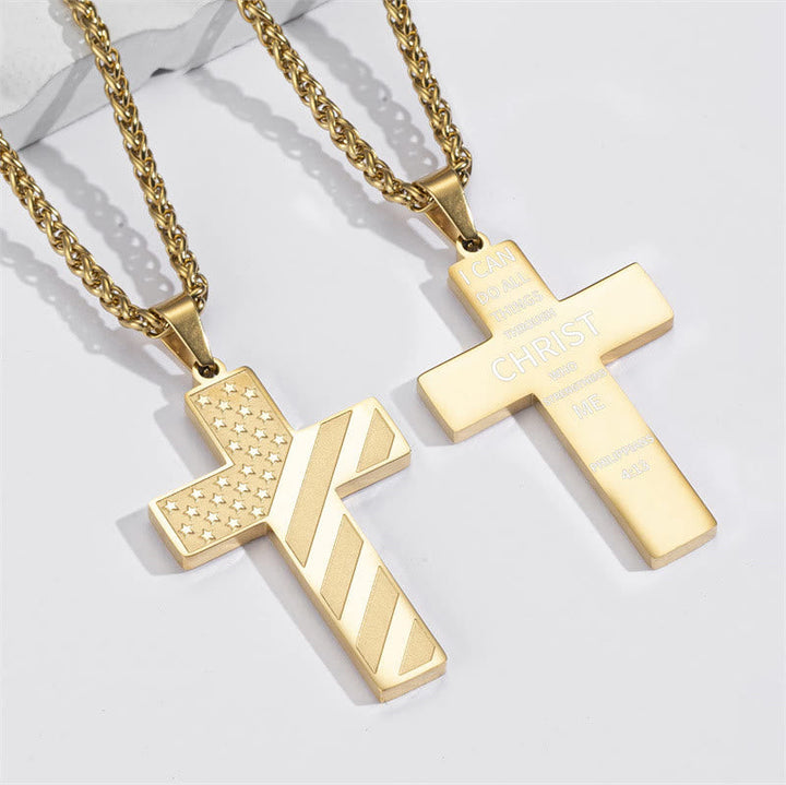 Tri-Color Cross Necklace with American Flag & Scripture: A Patriotic Expression
