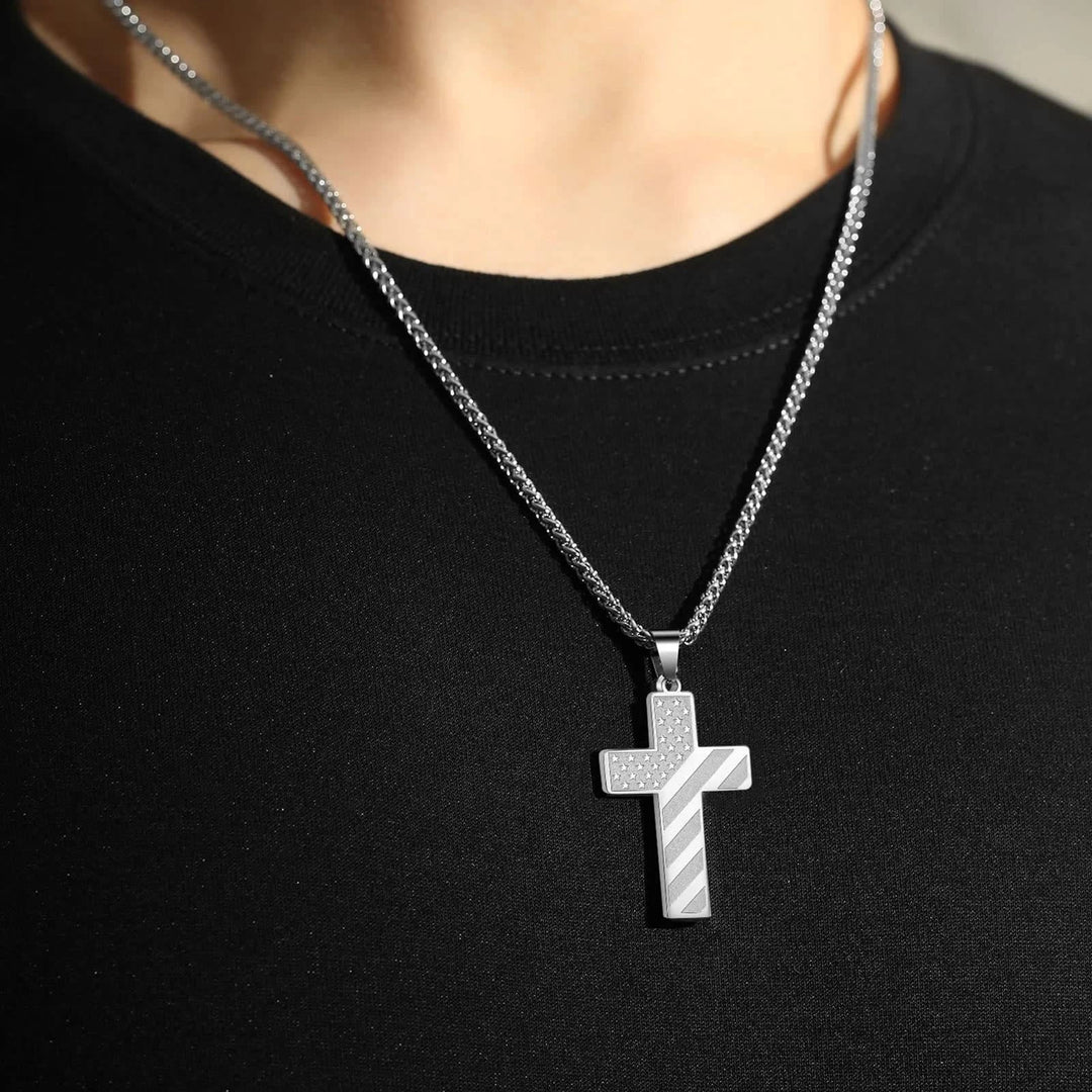 Tri-Color Cross Necklace with American Flag & Scripture: A Patriotic Expression