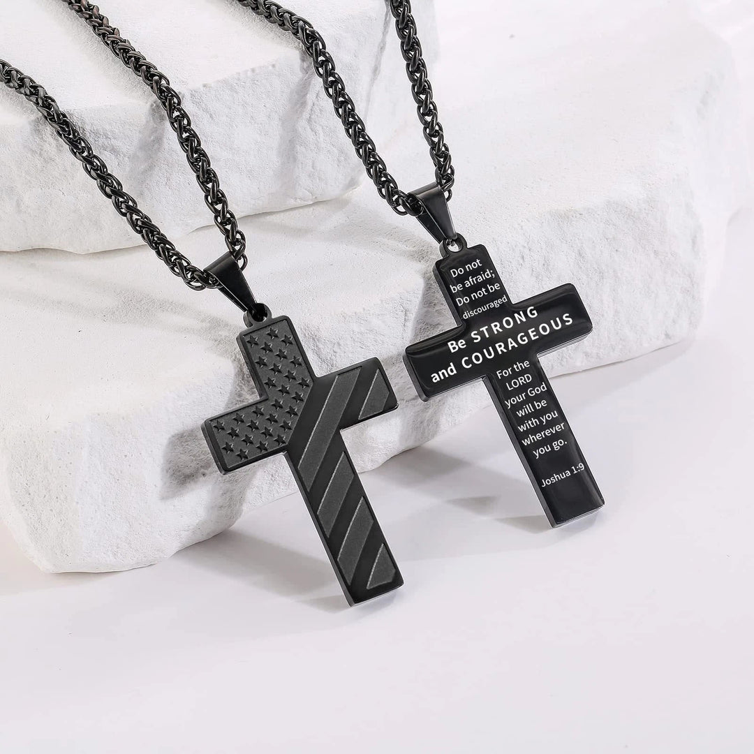 Tri-Color Cross Necklace with American Flag & Scripture: A Patriotic Expression