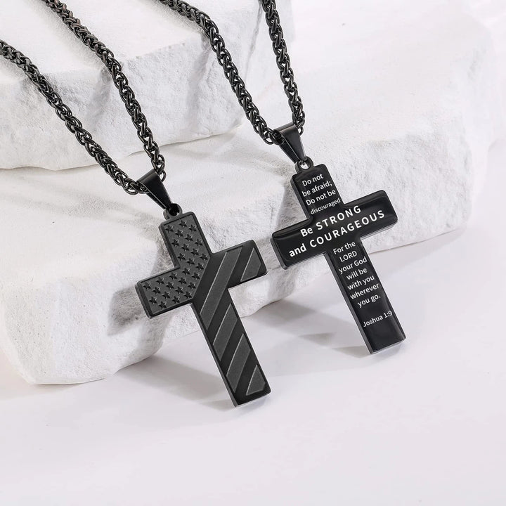 Tri-Color Cross Necklace with American Flag & Scripture: A Patriotic Expression
