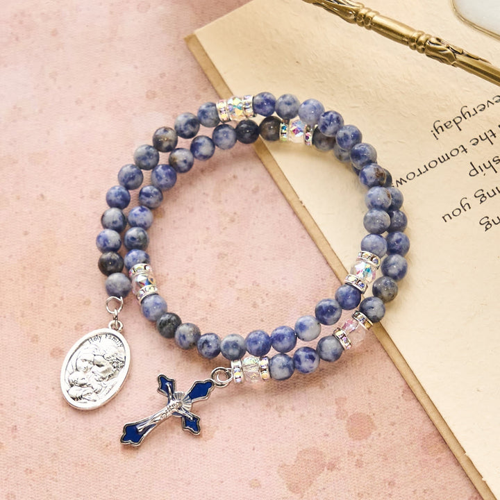 Blue Stone with Holy Family Memory Wire Rosary Bracelet