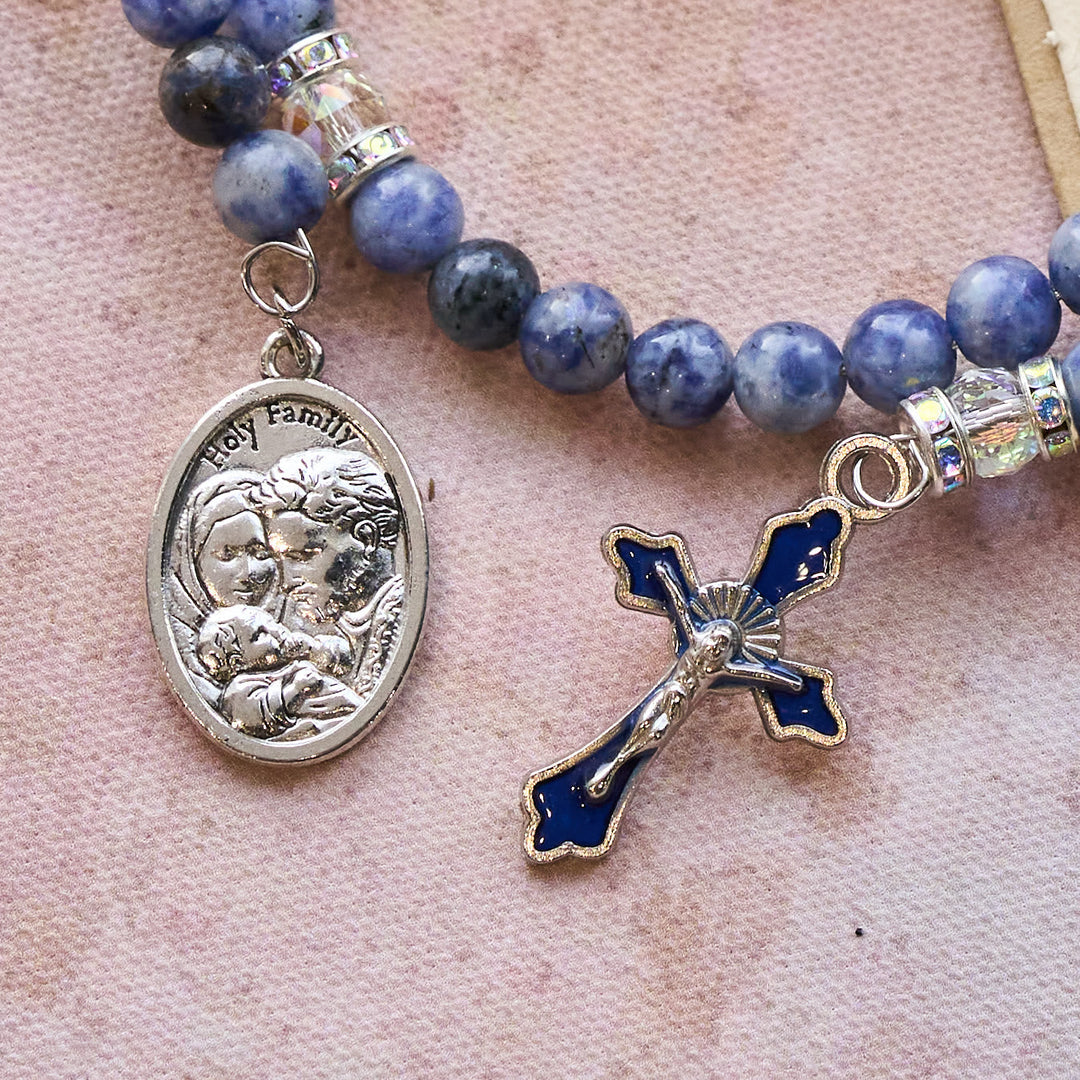 Blue Stone with Holy Family Memory Wire Rosary Bracelet