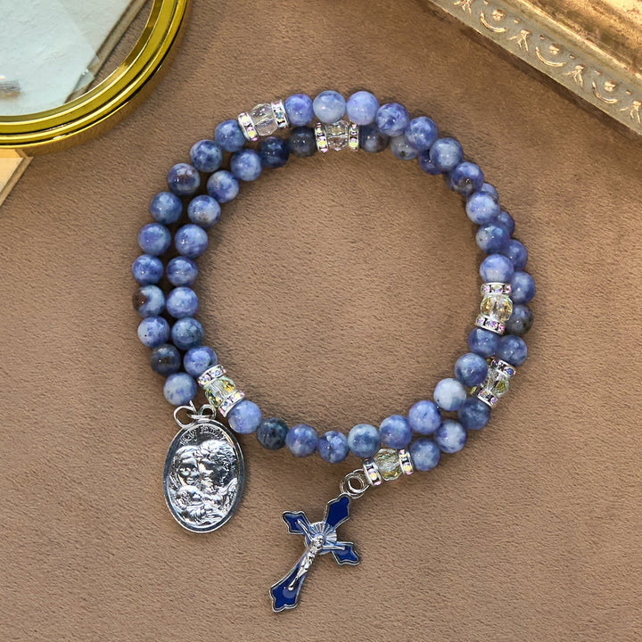 Blue Stone with Holy Family Memory Wire Rosary Bracelet