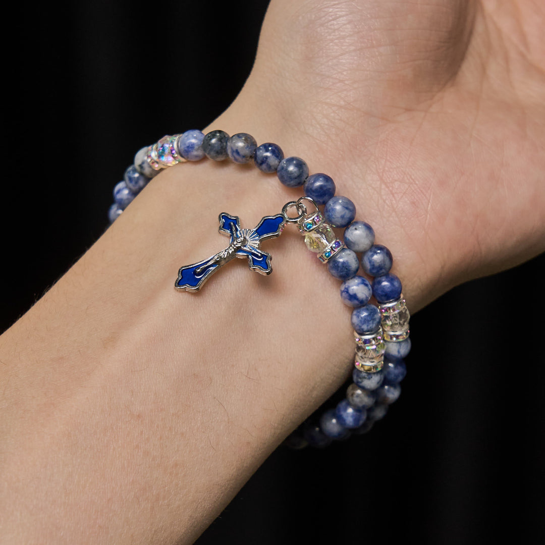 Blue Stone with Holy Family Memory Wire Rosary Bracelet