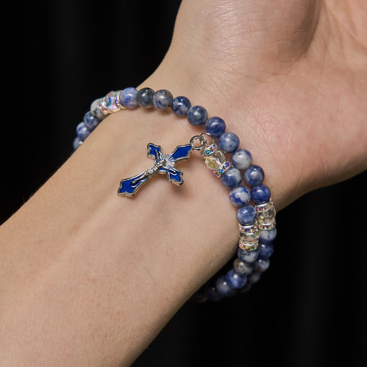 Blue Stone with Holy Family Memory Wire Rosary Bracelet