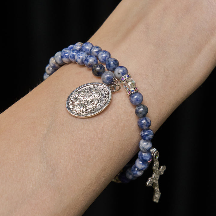 Blue Stone with Holy Family Memory Wire Rosary Bracelet