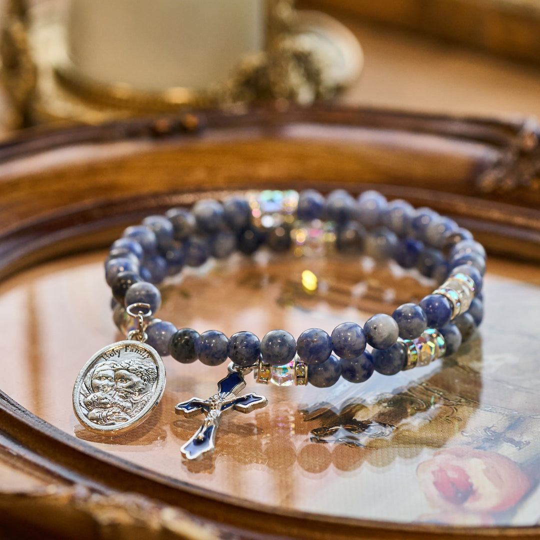 Blue Stone with Holy Family Memory Wire Rosary Bracelet