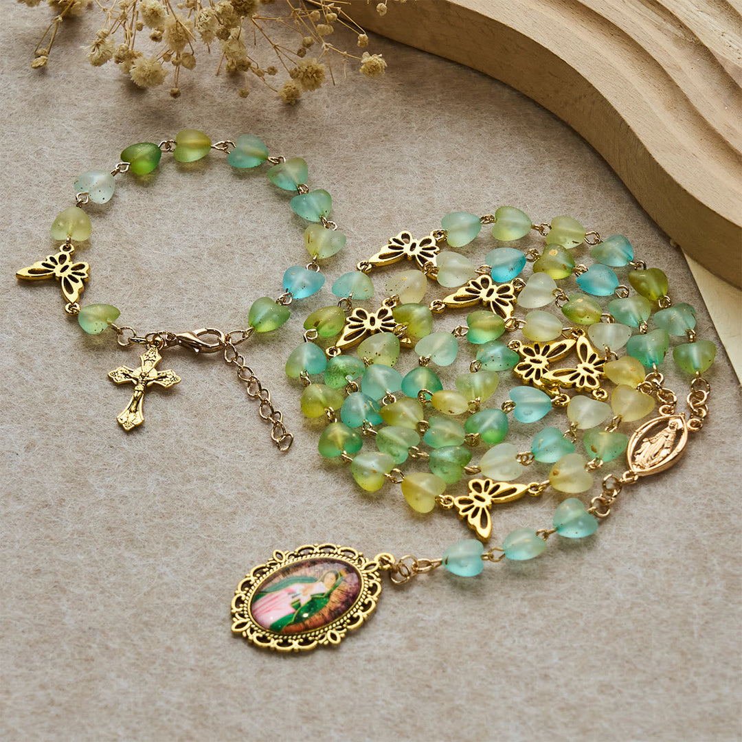 Green Heart & Butterfly Rosary, Bracelet: Devotion & Artful Spirituality