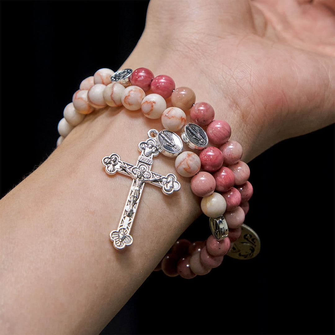 Rosewood Grain & Matte Web Stone Memory Wire Rosary Bracelet with Marian Medals
