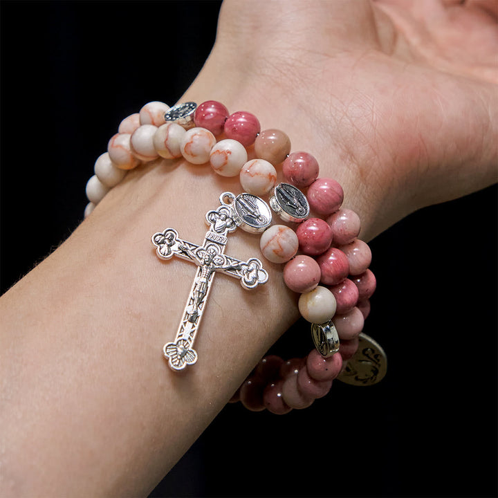 Rosewood Grain & Matte Web Stone Memory Wire Rosary Bracelet with Marian Medals