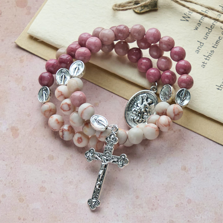 Rosewood Grain & Matte Web Stone Memory Wire Rosary Bracelet with Marian Medals