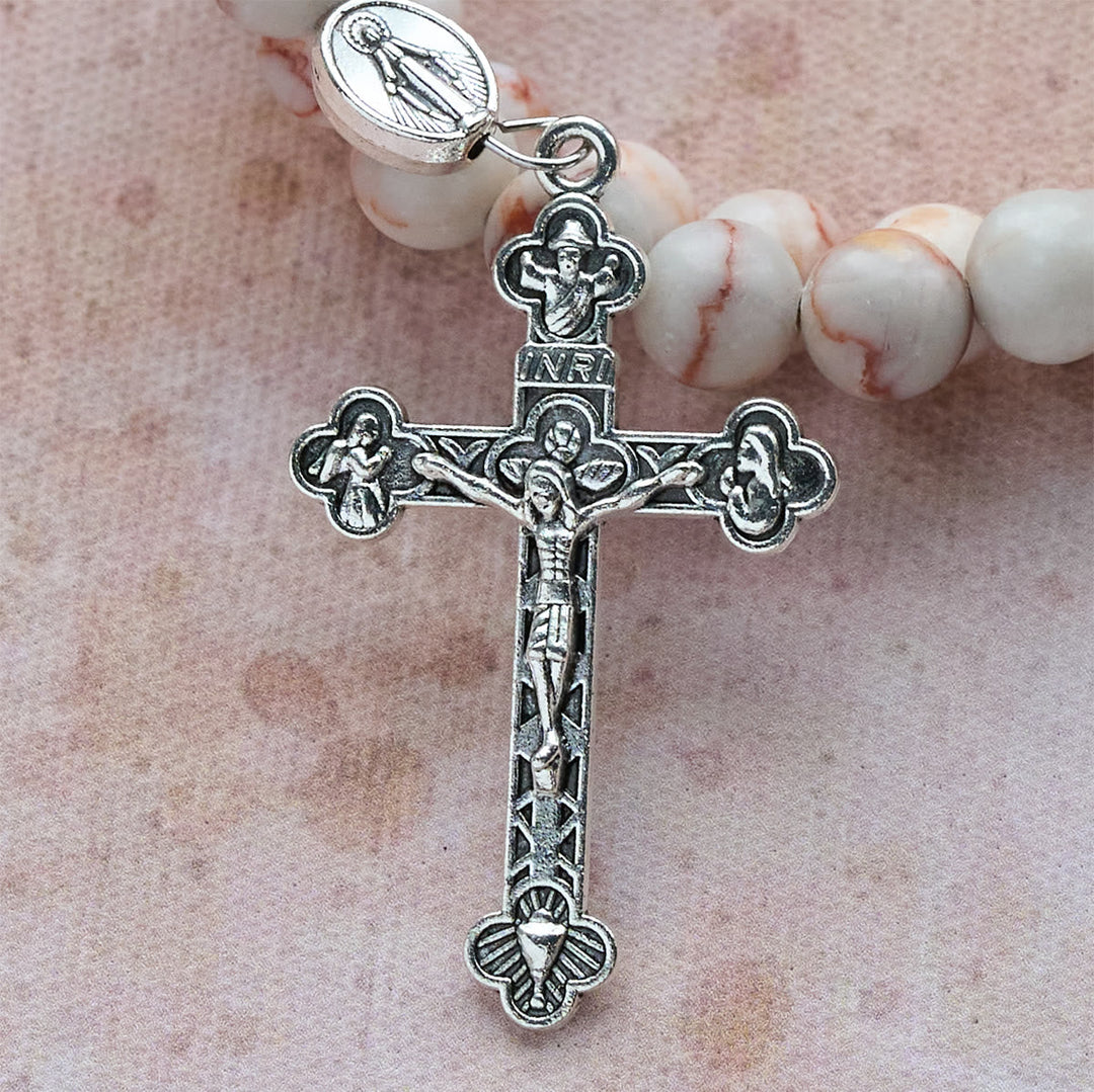 Rosewood Grain & Matte Web Stone Memory Wire Rosary Bracelet with Marian Medals