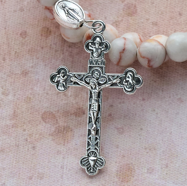 Rosewood Grain & Matte Web Stone Memory Wire Rosary Bracelet with Marian Medals