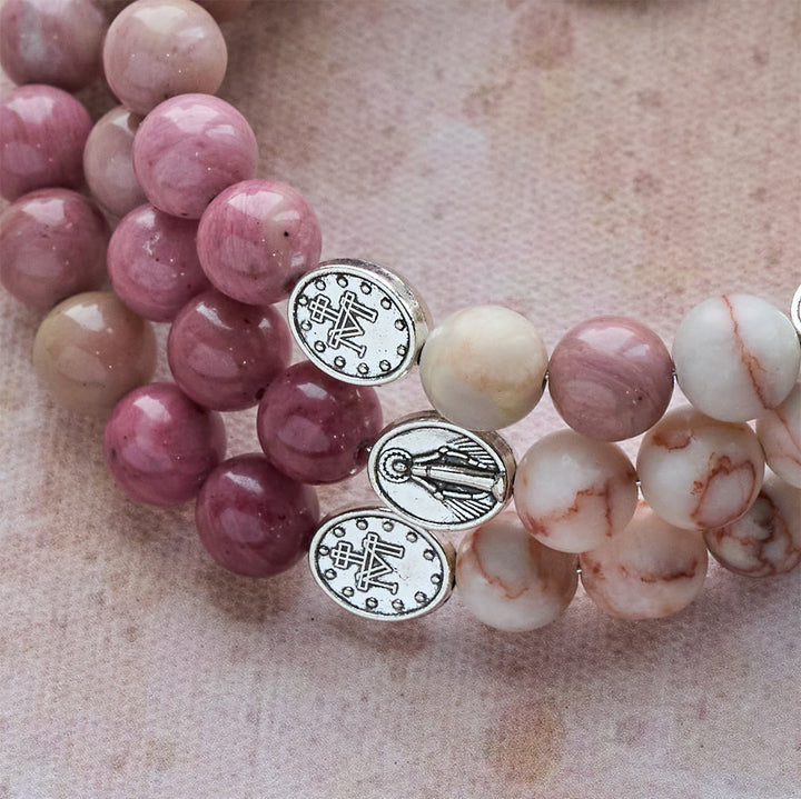 Rosewood Grain & Matte Web Stone Memory Wire Rosary Bracelet with Marian Medals