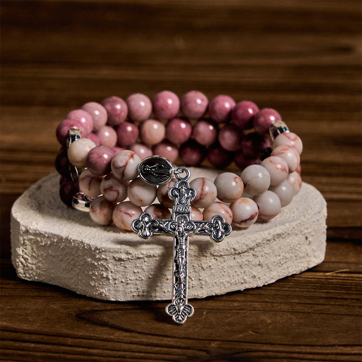 Rosewood Grain & Matte Web Stone Memory Wire Rosary Bracelet with Marian Medals