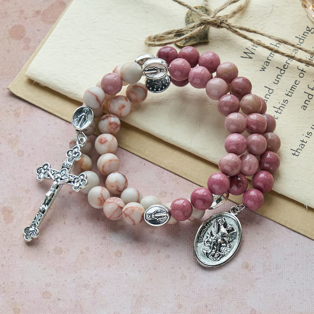 Rosewood Grain & Matte Web Stone Memory Wire Rosary Bracelet with Marian Medals