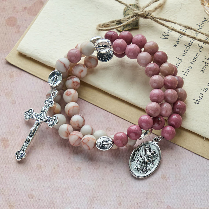 Rosewood Grain & Matte Web Stone Memory Wire Rosary Bracelet with Marian Medals
