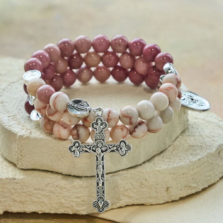 Rosewood Grain & Matte Web Stone Memory Wire Rosary Bracelet with Marian Medals