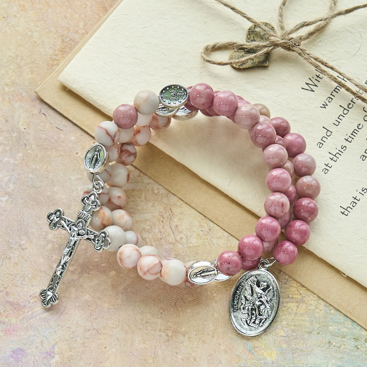 Rosewood Grain & Matte Web Stone Memory Wire Rosary Bracelet with Marian Medals