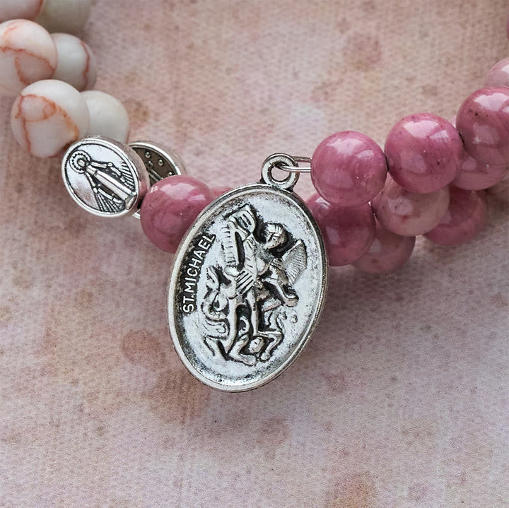 Rosewood Grain & Matte Web Stone Memory Wire Rosary Bracelet with Marian Medals