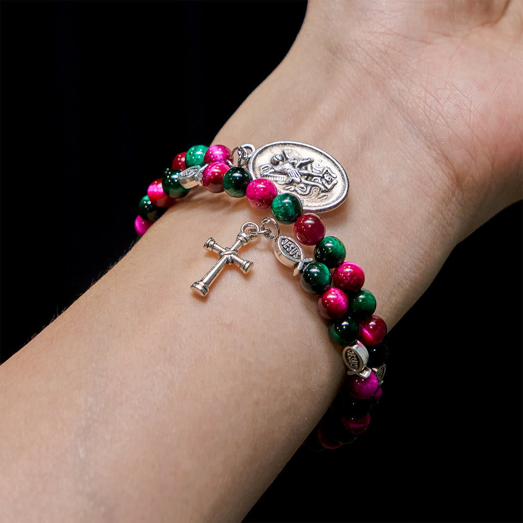 Dual-Toned Tiger Eye Memory Wire Rosary Bracelet with Saint Michael