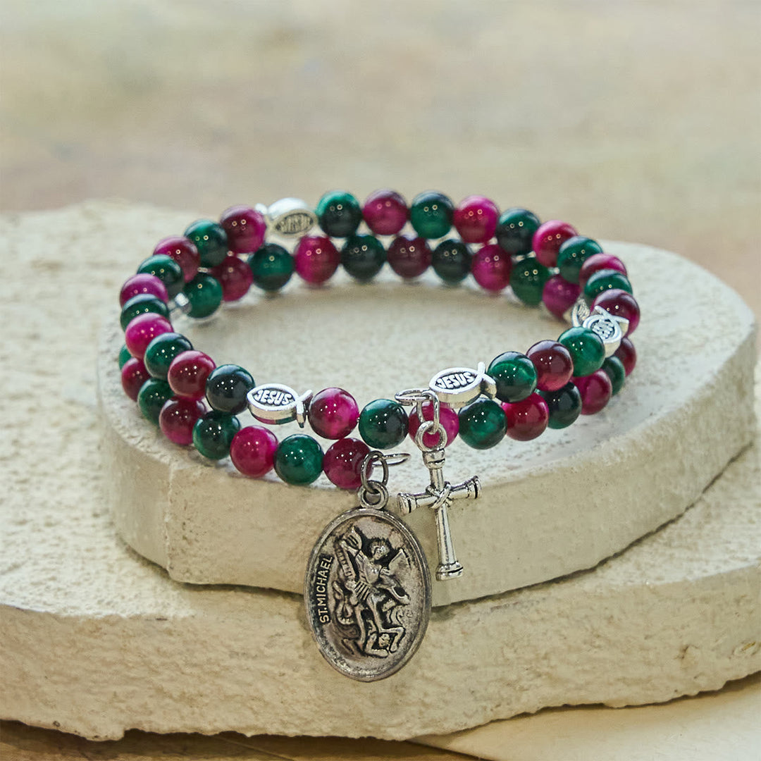 Dual-Toned Tiger Eye Memory Wire Rosary Bracelet with Saint Michael