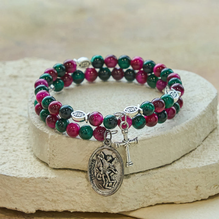 Dual-Toned Tiger Eye Memory Wire Rosary Bracelet with Saint Michael