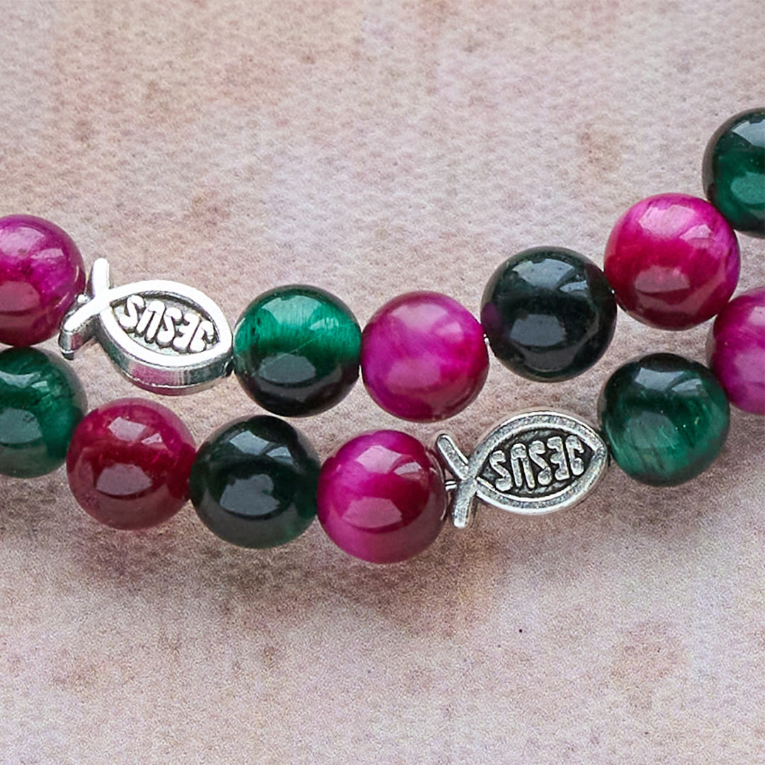 Dual-Toned Tiger Eye Memory Wire Rosary Bracelet with Saint Michael
