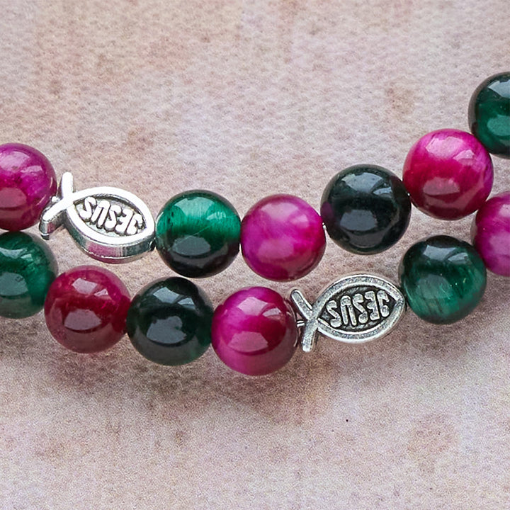 Dual-Toned Tiger Eye Memory Wire Rosary Bracelet with Saint Michael