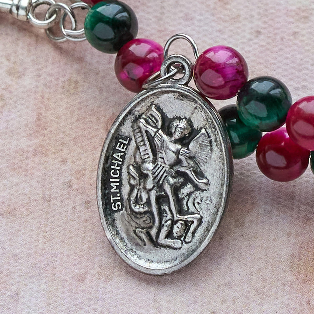 Dual-Toned Tiger Eye Memory Wire Rosary Bracelet with Saint Michael