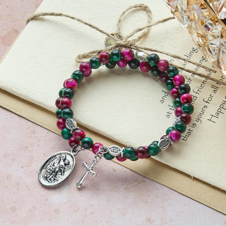 Dual-Toned Tiger Eye Memory Wire Rosary Bracelet with Saint Michael