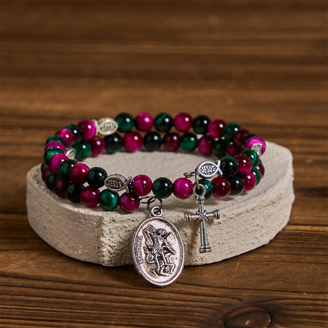 Dual-Toned Tiger Eye Memory Wire Rosary Bracelet with Saint Michael