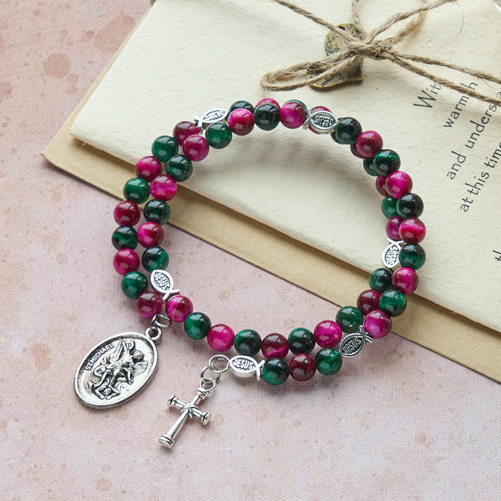 Dual-Toned Tiger Eye Memory Wire Rosary Bracelet with Saint Michael