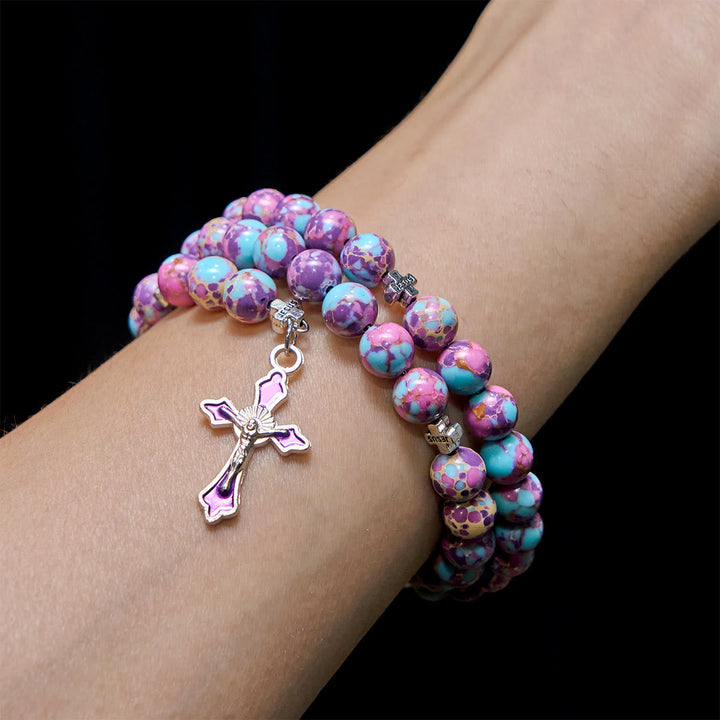 Purple Imperial Jasper Memory Wire Rosary Bracelet with Enamel Crucifix