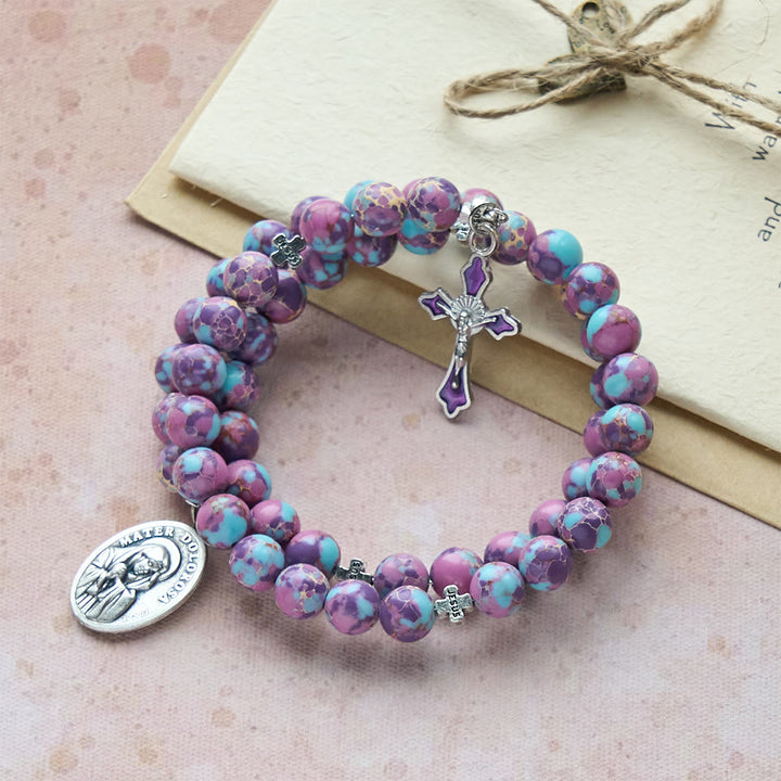 Purple Imperial Jasper Memory Wire Rosary Bracelet with Enamel Crucifix
