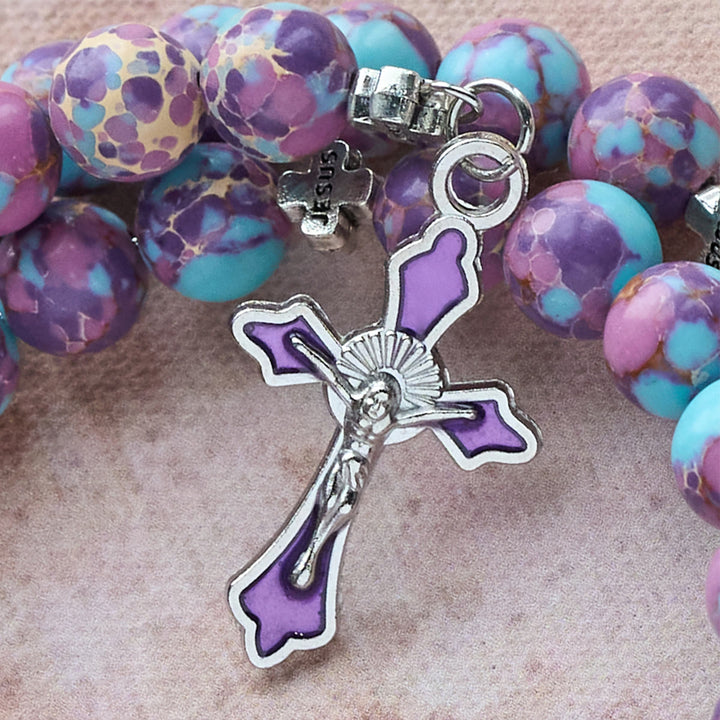Purple Imperial Jasper Memory Wire Rosary Bracelet with Enamel Crucifix