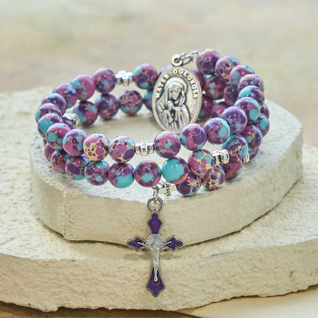 Purple Imperial Jasper Memory Wire Rosary Bracelet with Enamel Crucifix