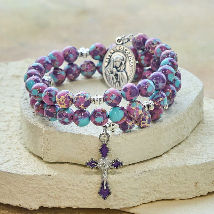 Purple Imperial Jasper Memory Wire Rosary Bracelet with Enamel Crucifix