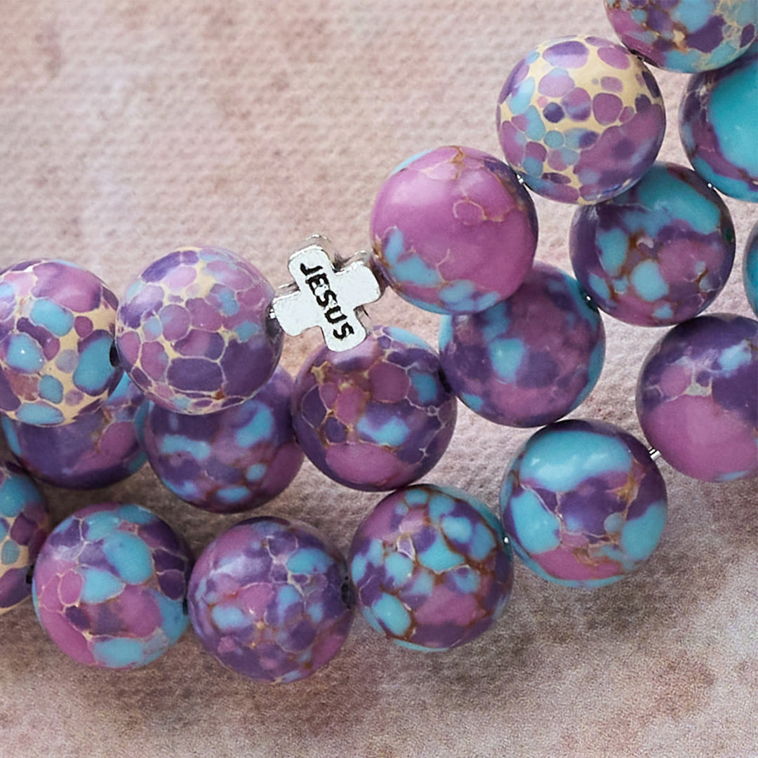 Purple Imperial Jasper Memory Wire Rosary Bracelet with Enamel Crucifix