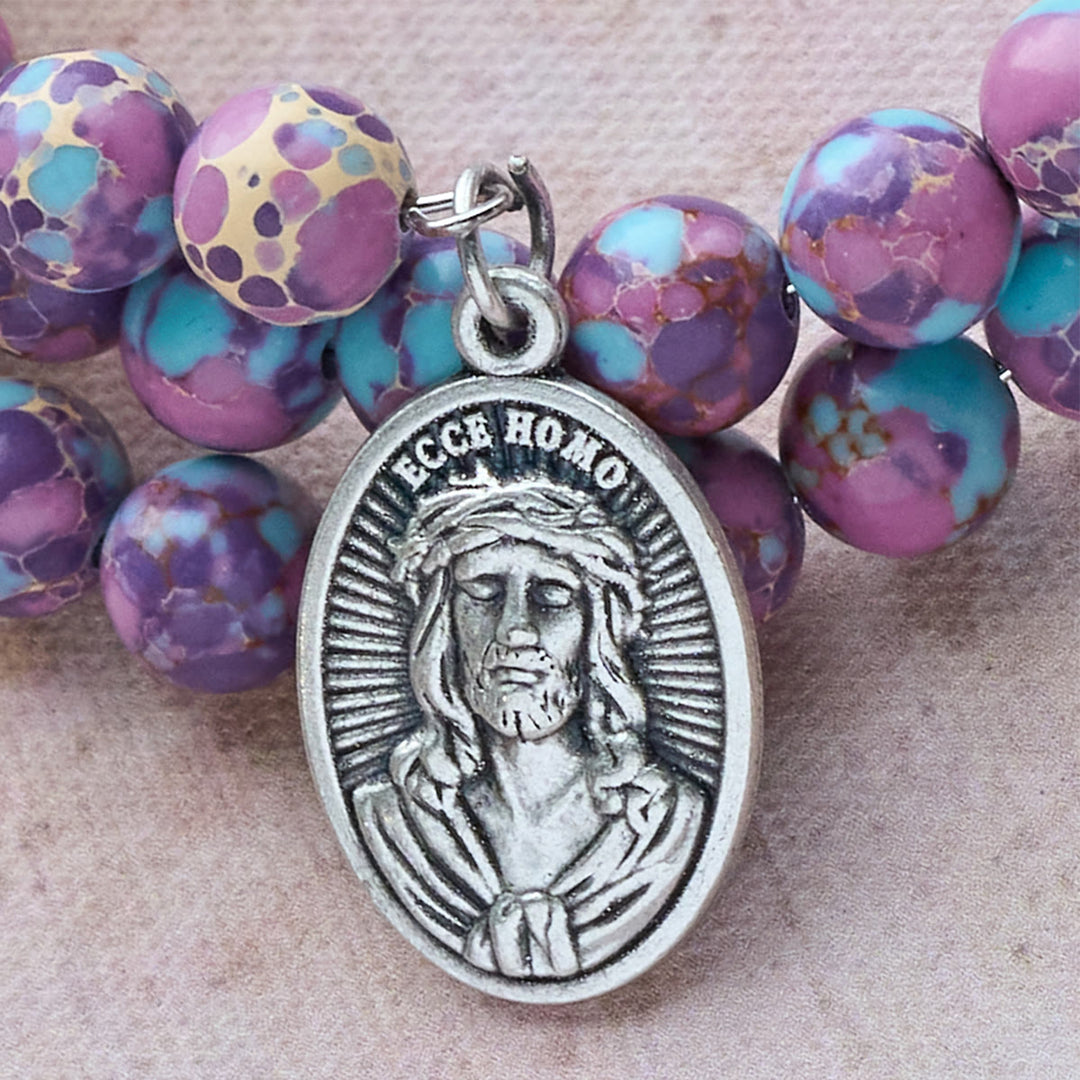 Purple Imperial Jasper Memory Wire Rosary Bracelet with Enamel Crucifix