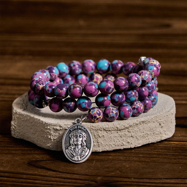 Purple Imperial Jasper Memory Wire Rosary Bracelet with Enamel Crucifix