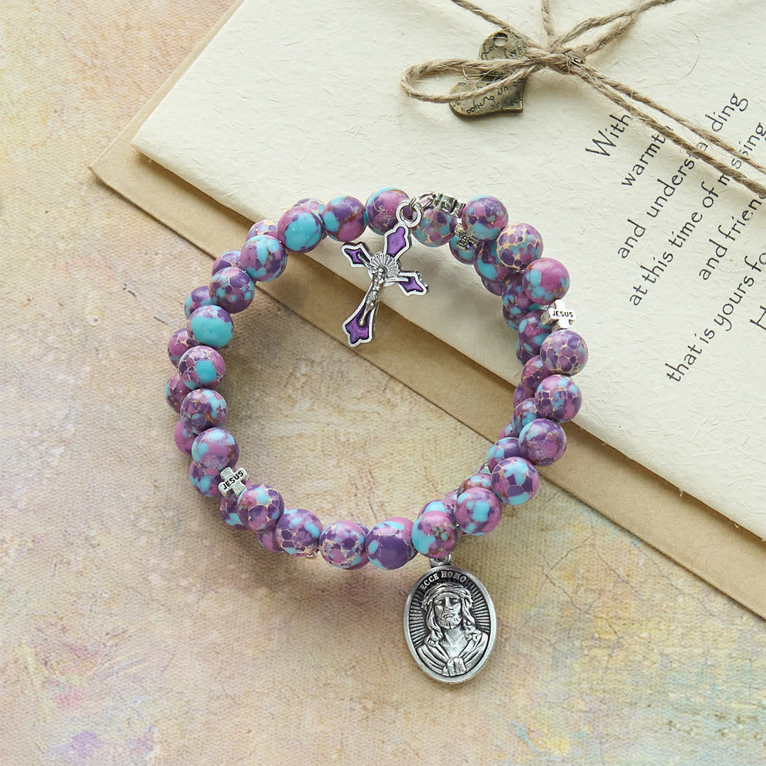 Purple Imperial Jasper Memory Wire Rosary Bracelet with Enamel Crucifix