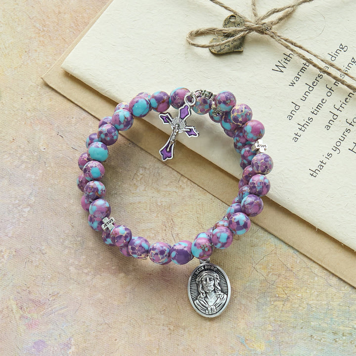 Purple Imperial Jasper Memory Wire Rosary Bracelet with Enamel Crucifix