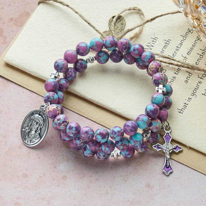 Purple Imperial Jasper Memory Wire Rosary Bracelet with Enamel Crucifix