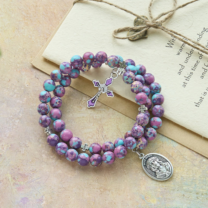 Purple Imperial Jasper Memory Wire Rosary Bracelet with Enamel Crucifix